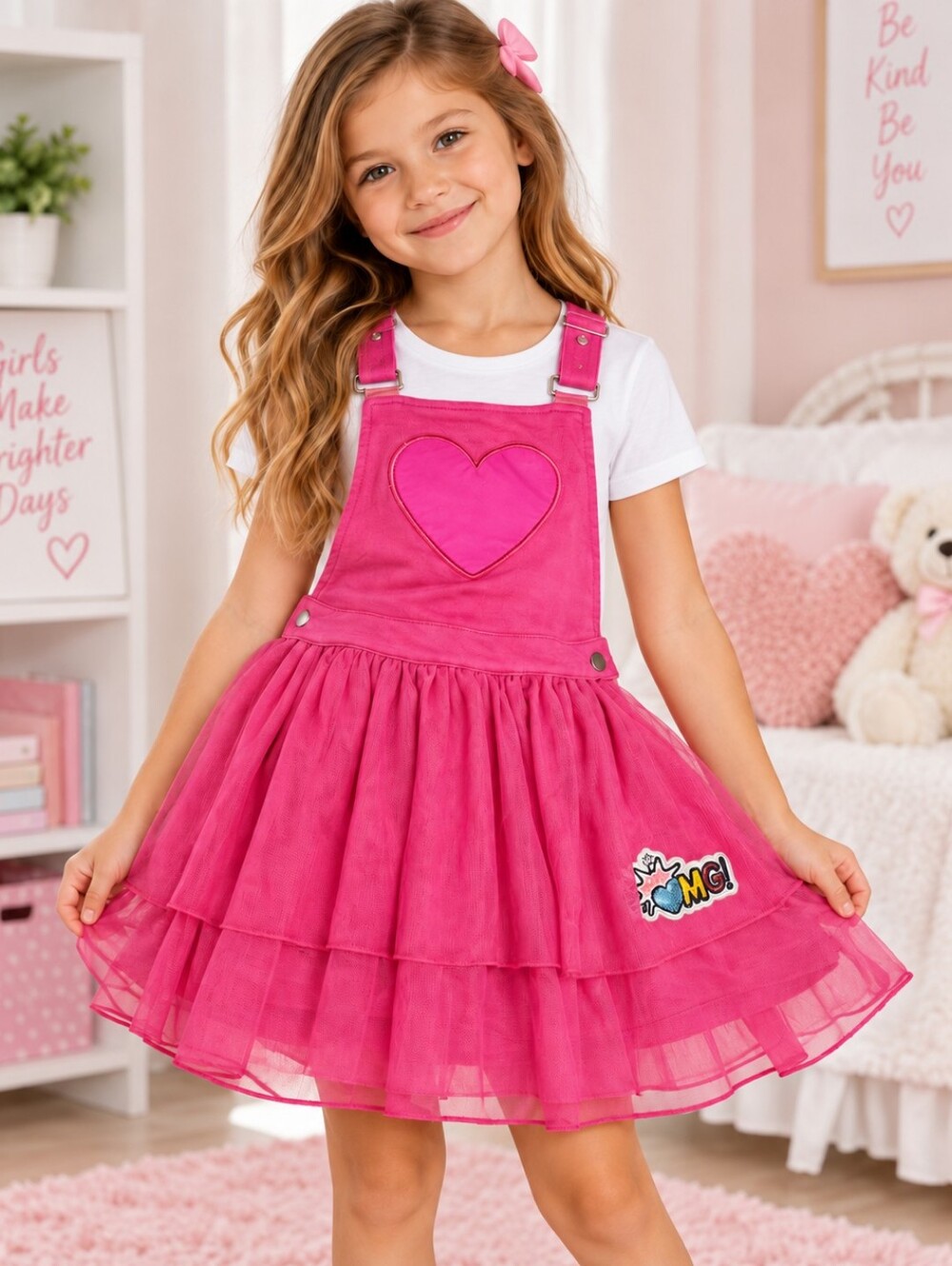 365 Kids Garanimals Girls Size 7 Pink Overall Tulle Dress Heart OMG Patch